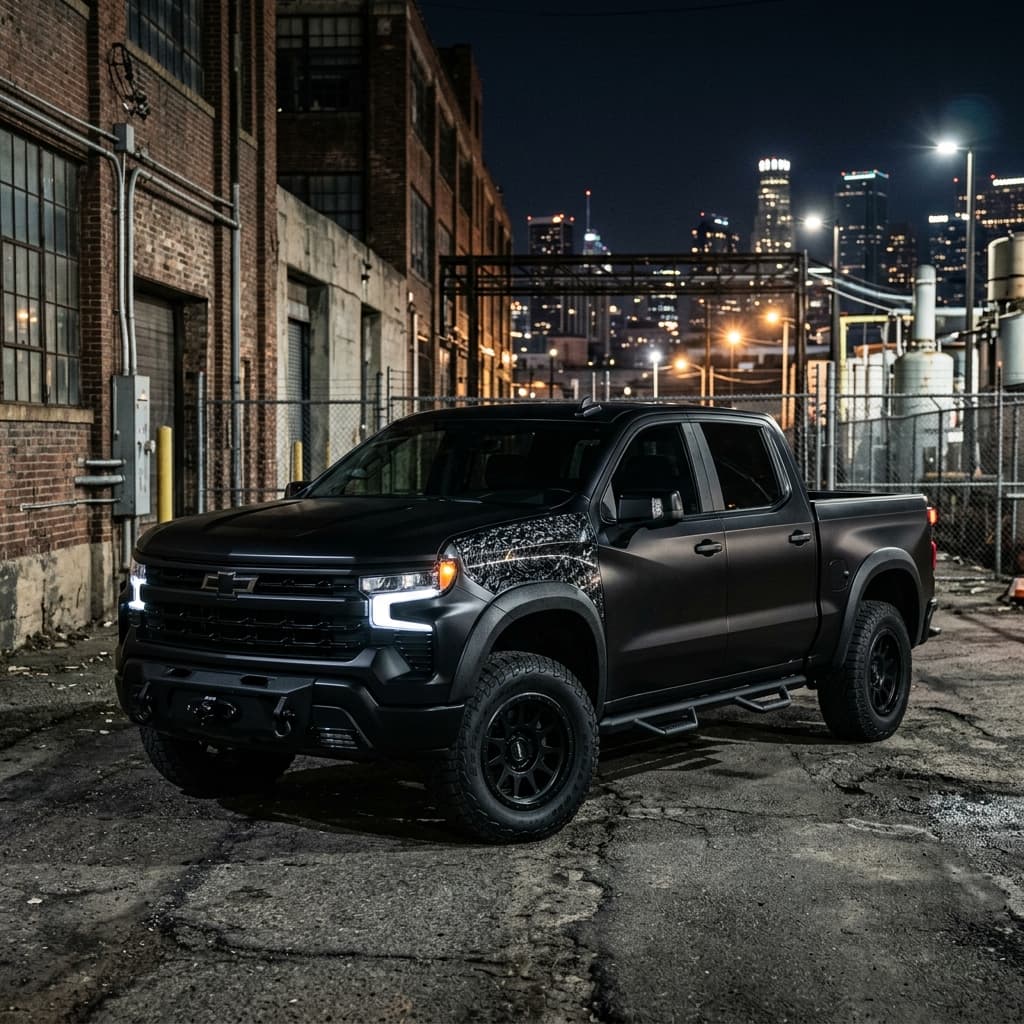 A grid of custom Chevrolet and GMC truck builds featuring personalized engraved emblems for 2026.