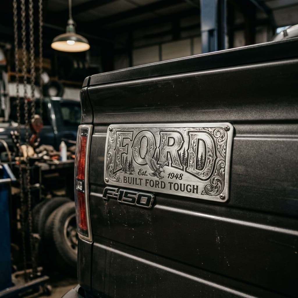 A close-up of a custom engraved Ford oval emblem on a black F-250 Super Duty grille showing the deep-etched hex pattern.