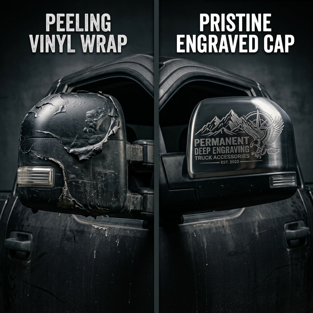 Comparison of a peeling vinyl truck overlay vs a sharp, deep-etched hand-engraved Chevrolet emblem showing superior durability and detail.